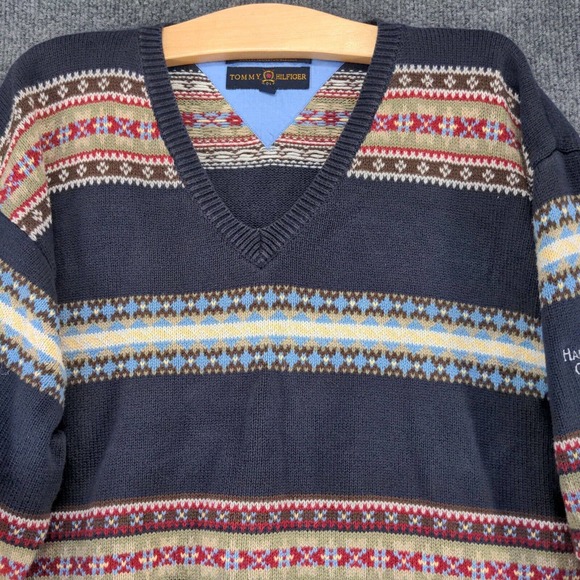 Tommy Hilfiger Golf Men's Pullover Sweater Blue Large Fair Isle Striped V-Neck - Picture 3 of 12